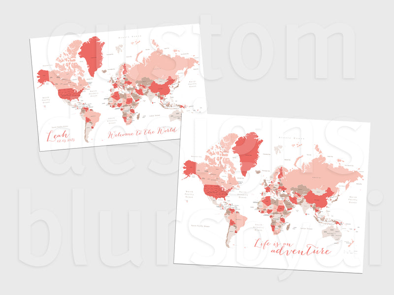 Custom map print: world map with countries and states in coral and taupe.