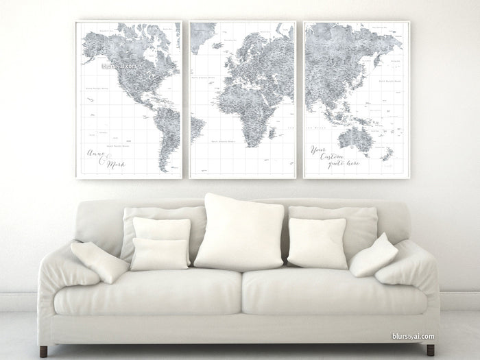 highly detailed world map poster split in 3 panels, grayscale watercolor