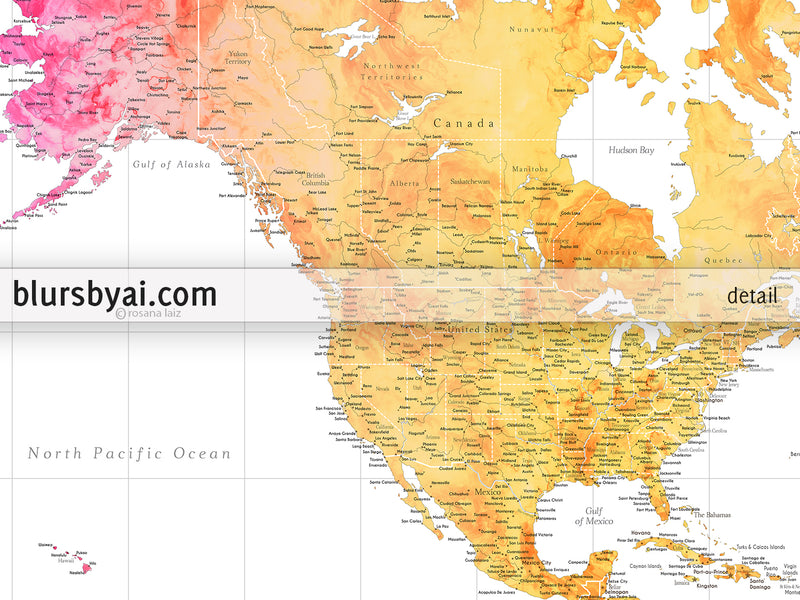 Custom world map print - highly detailed map with cities in bright colorful watercolor. "Edna"