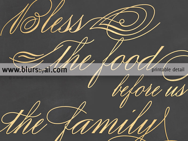 Printable bless the food before us sign for dining room in gold and chalkboard - Personal use