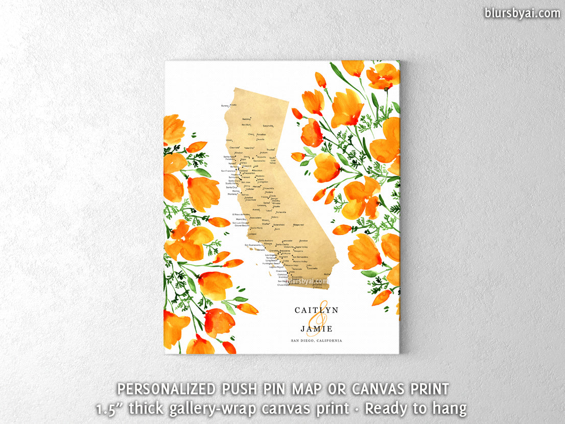 Unique wedding guestbook: Custom map of California with cities and California poppies, canvas print or push pin map