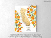 Unique wedding guestbook: Custom map of California with cities and California poppies, canvas print or push pin map