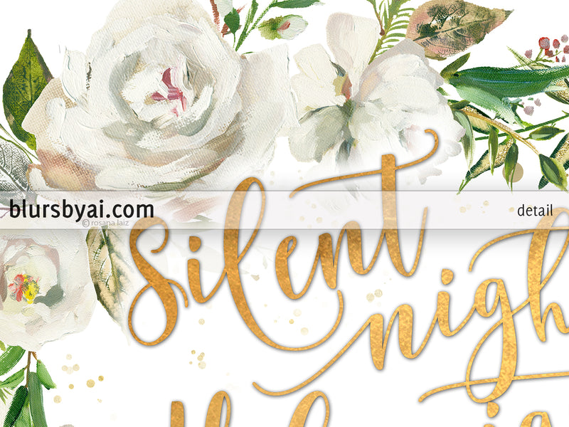 Silent night lyrics printable Christmas decor, in gold and white florals