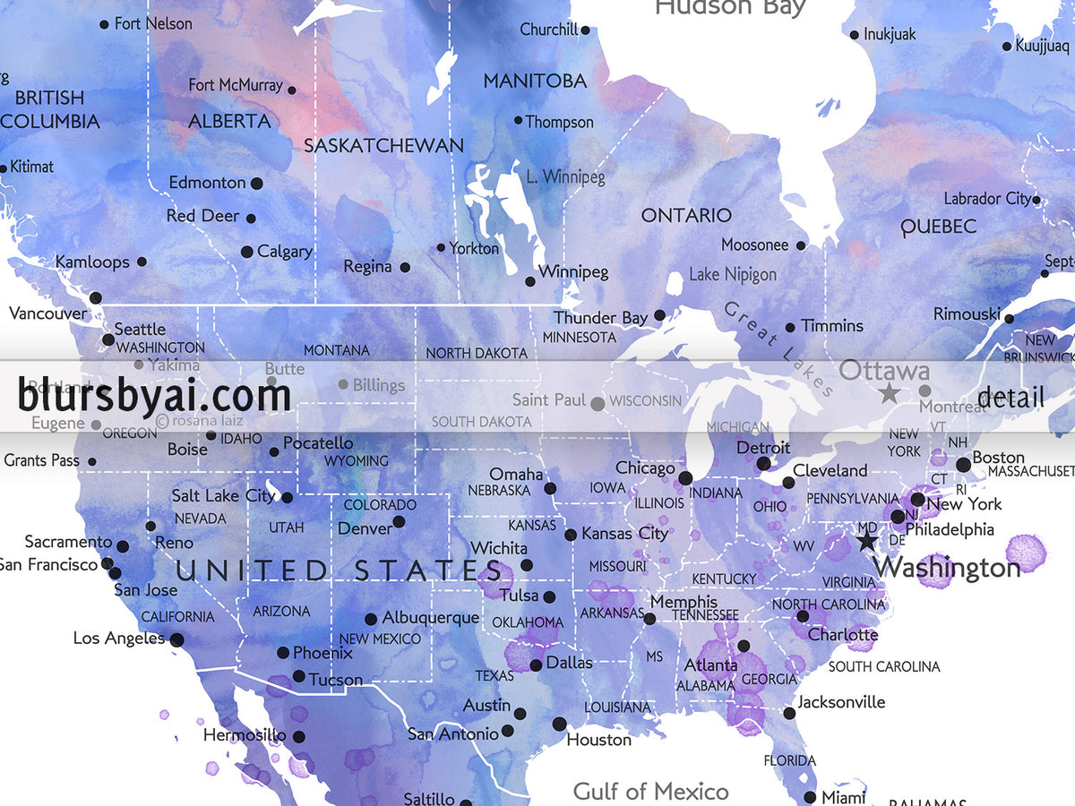 Custom print: detailed world map with cities in blue and pink. "Zora"