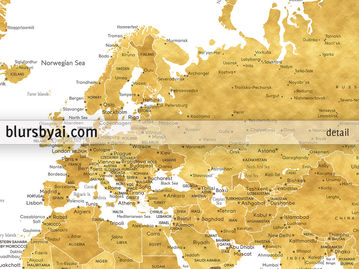 Custom print: gold world map with cities in faux gold foil effect. "Rossie"