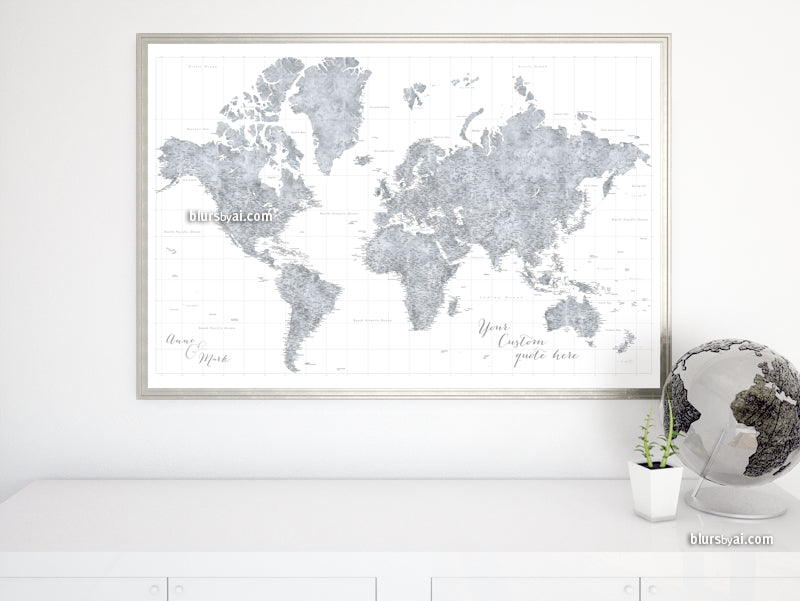 Custom world map print - highly detailed map with cities in grayscale watercolor. "Jimmy"