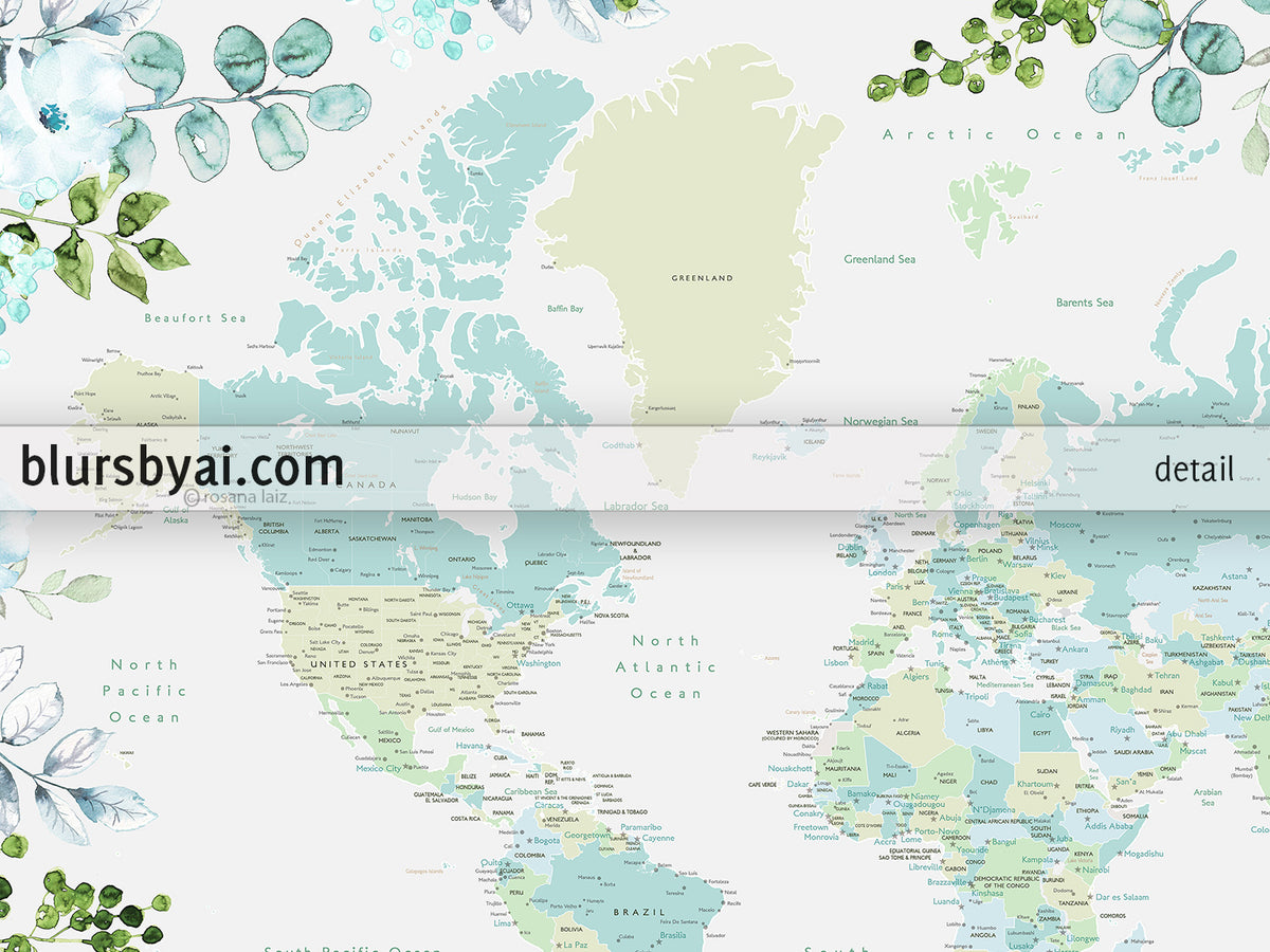 Greenery and flowers world map art print in mint and aquamarine