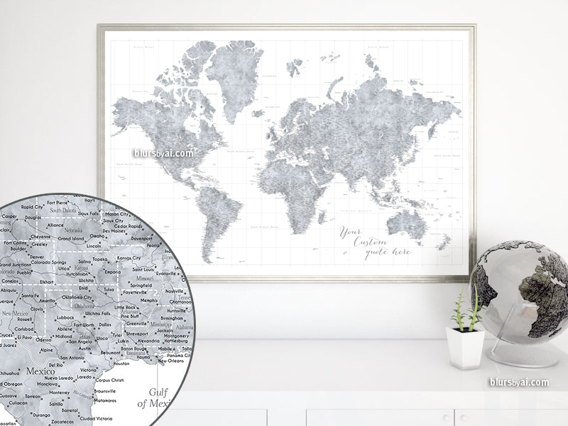 Custom world map print - highly detailed map with cities in grayscale watercolor. "Jimmy"