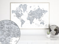 Custom world map print - highly detailed map with cities in grayscale watercolor. "Jimmy"