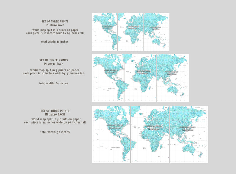 Multi panel, custom highly detailed world map print - Grunge grayscale world map with cities. "Valentina"