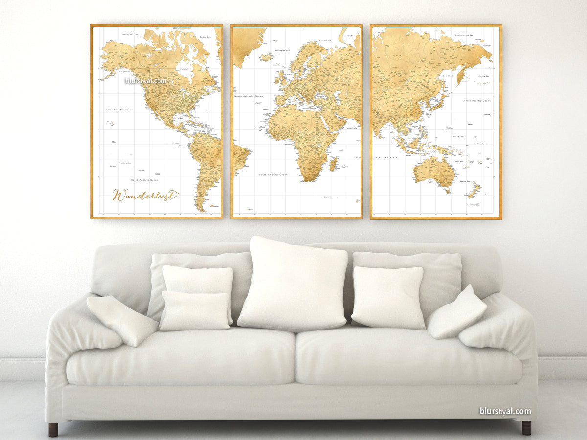 Multi panel, custom highly detailed world map print - Gold world map with cities. "Rossie"