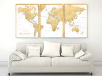 Multi panel, custom highly detailed world map print - Gold world map with cities. "Rossie"