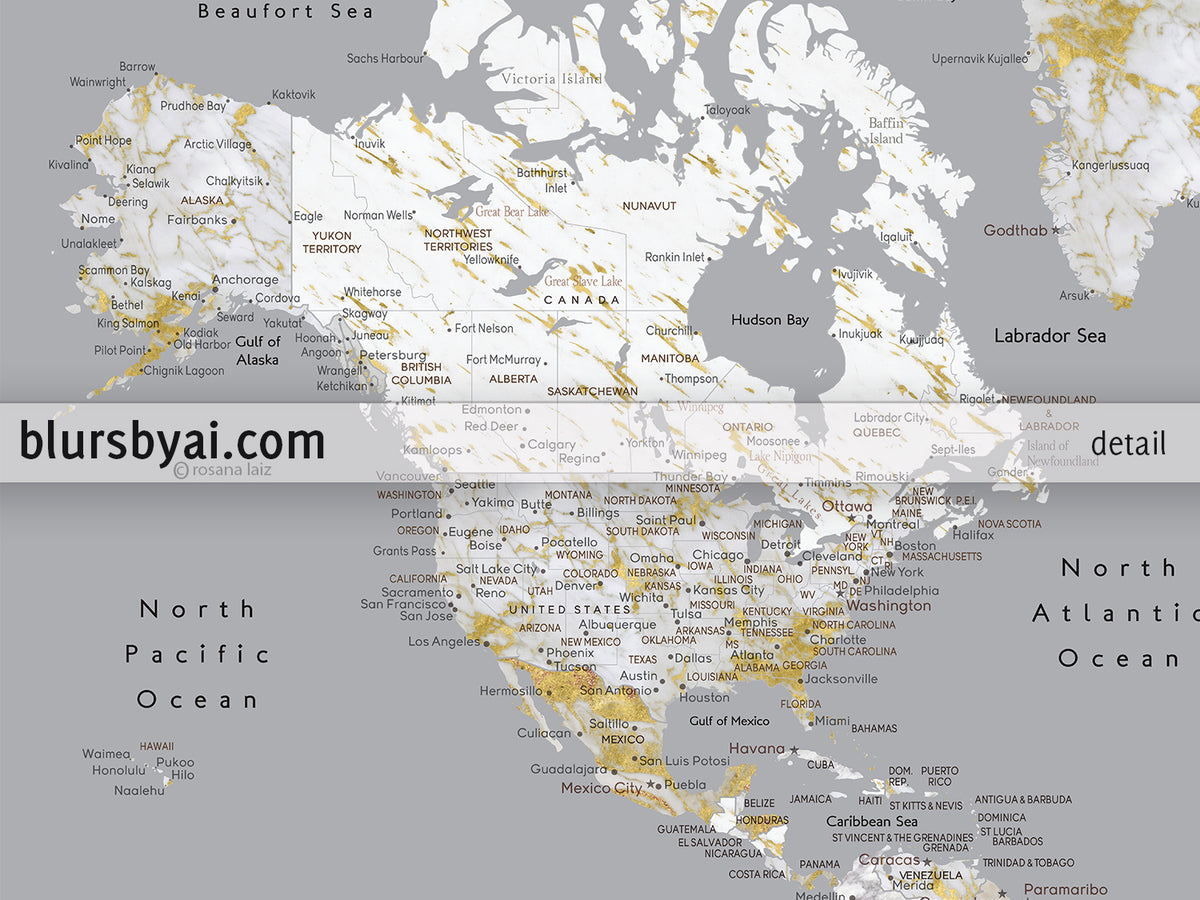 Custom print: marble world map with cities in gray and gold. "Reagan"