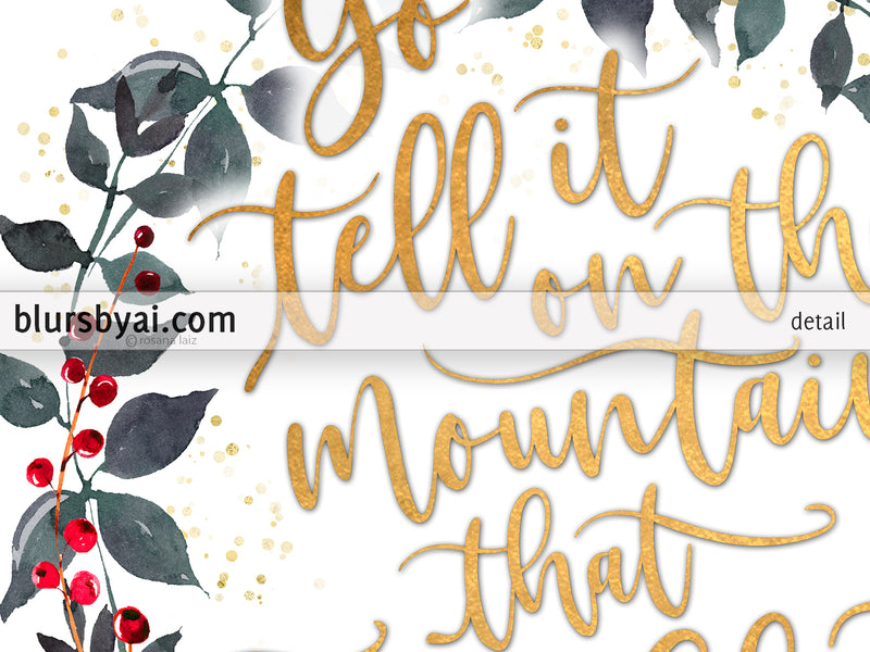 Go tell it on the mountain lyrics printable Christmas decor, with floral wreath - Personal use