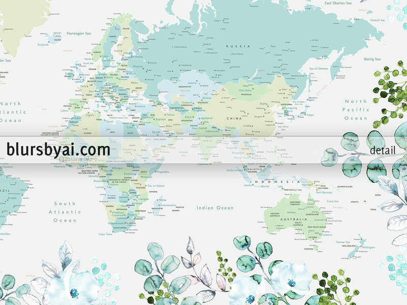 Custom quote - Printable floral and greenery world map with cities, capitals, countries, US States... labeled