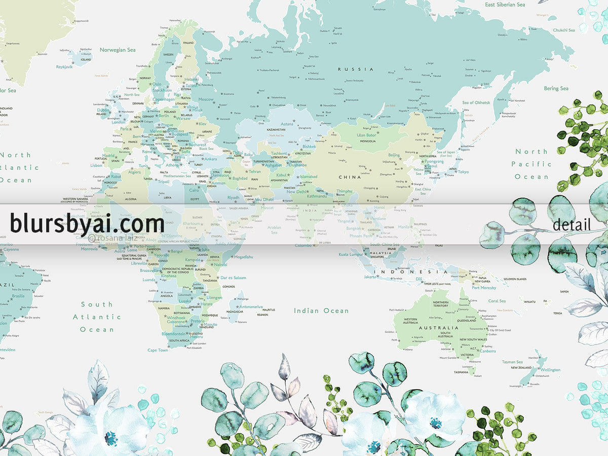 Custom print: world map with cities in green and blue, with watercolor florals and greenery