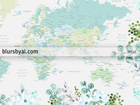 Custom print: world map with cities in green and blue, with watercolor florals and greenery