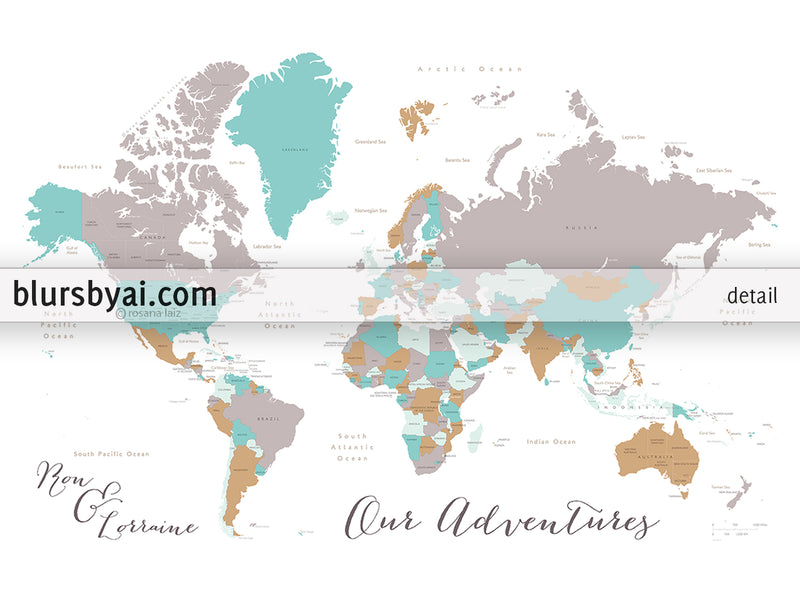 Custom map print: world map with countries & states in gray, camel and teal.
