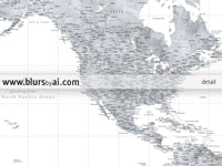 Multi panel, custom highly detailed world map print - Grayscale watercolor world map with cities. "Jimmy"