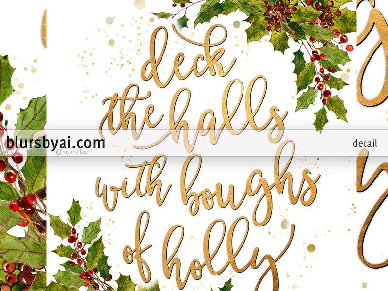 Deck the halls lyrics printable Christmas decor, in gold with holly leaves