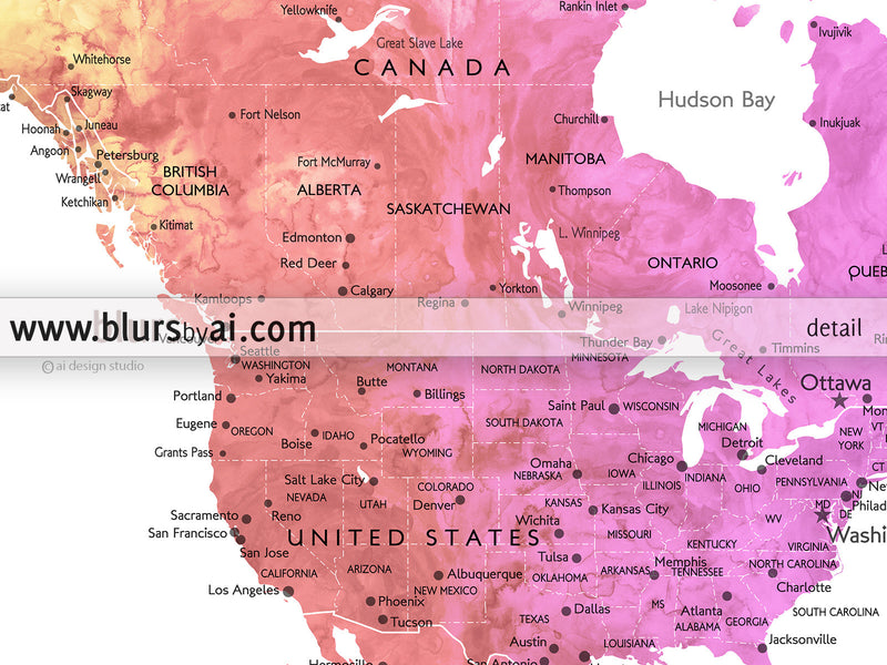 Custom quote - printable colorful gradient watercolor world map with cities, capitals, countries, US States... labeled. Color combination: Jude