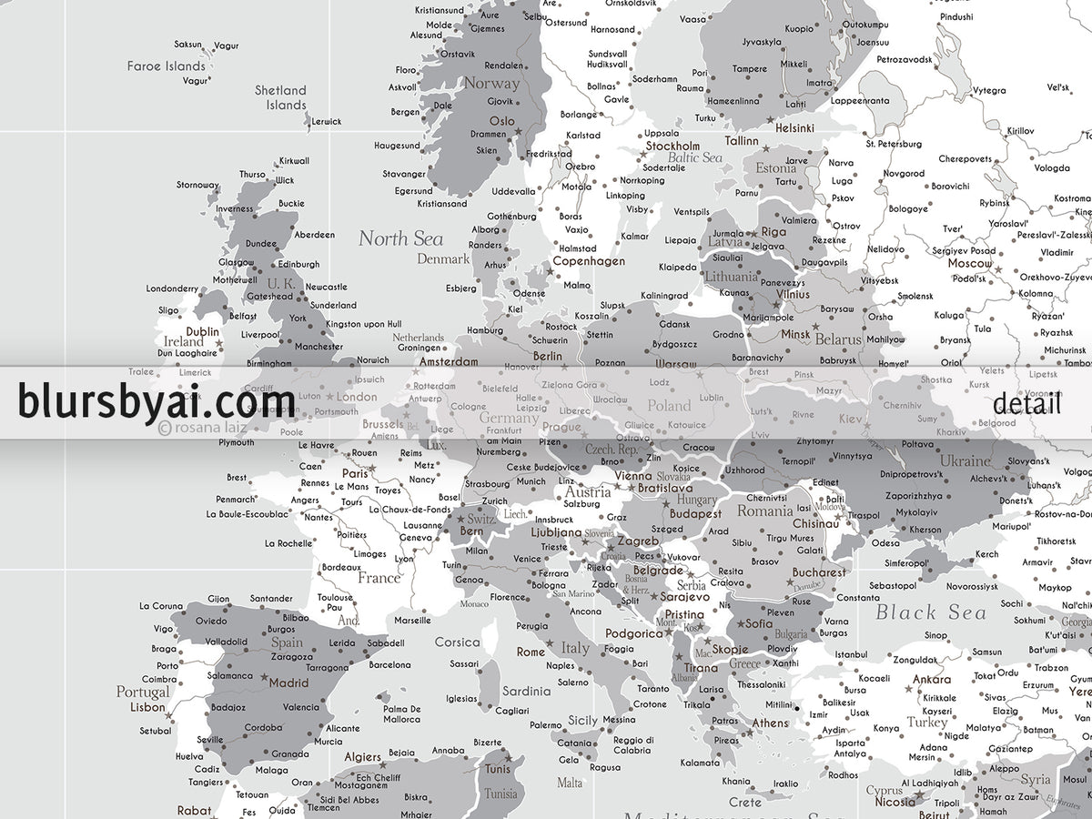 Custom world map print - highly detailed map with cities in light gray. "Cristina"