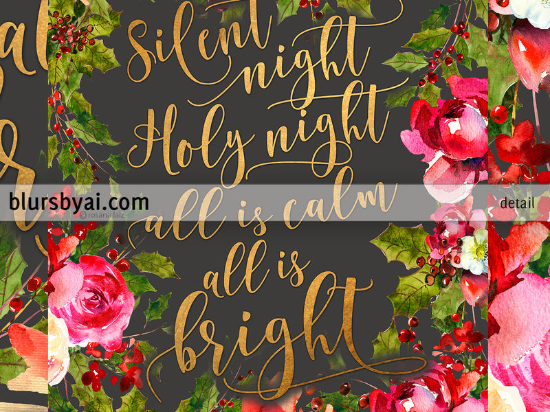 Silent night lyrics printable Christmas decor, in gold, gray and red florals