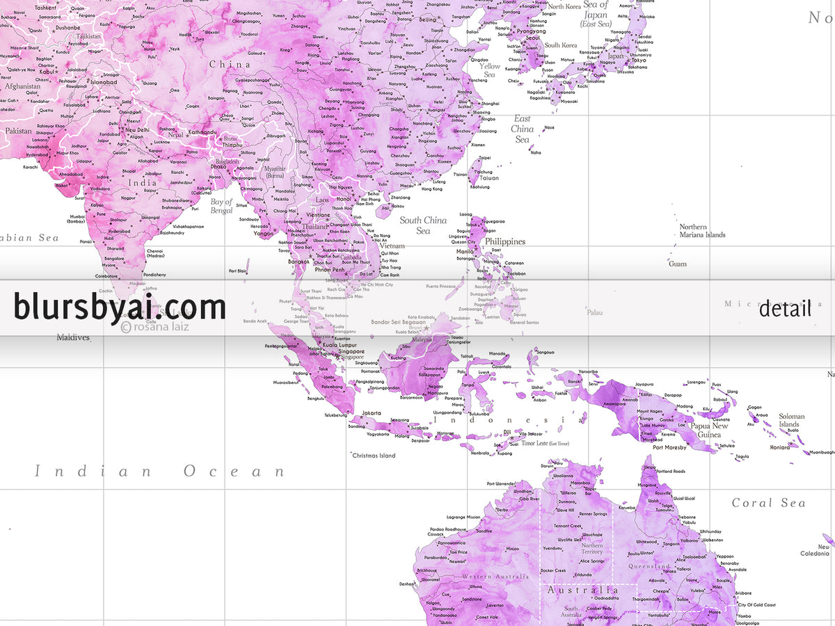 Custom world map print - highly detailed map with cities in bright colorful watercolor. "Edna"