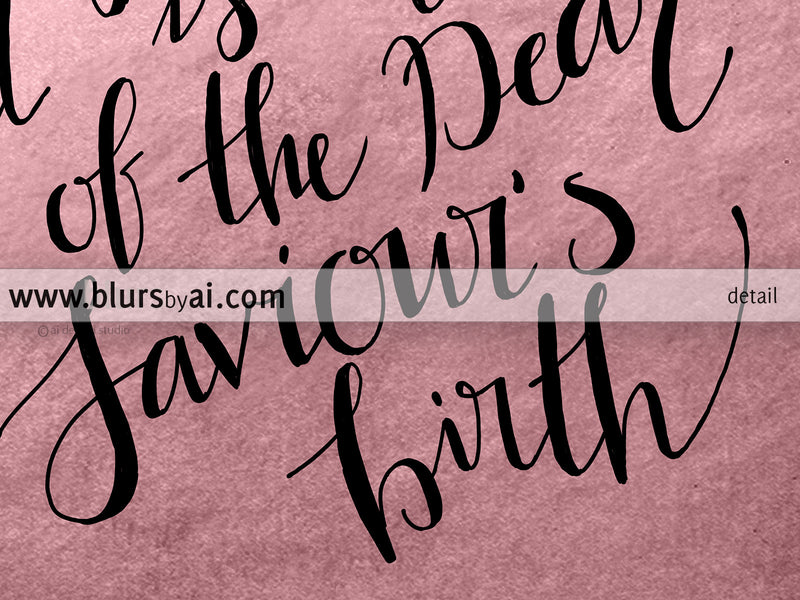 O holy night lyrics printable Christmas decoration, in pastel pink and black modern calligraphy