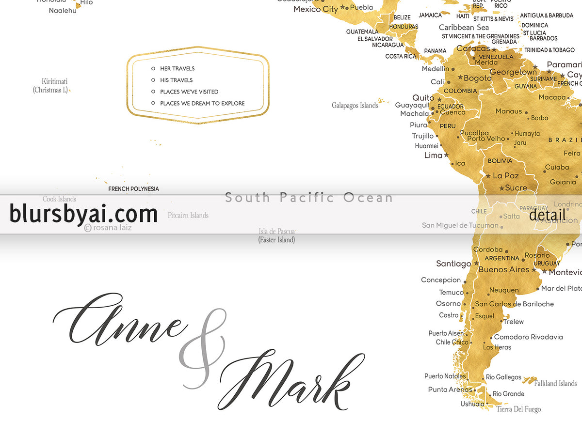 Custom print: gold world map with cities in faux gold foil effect. "Rossie"