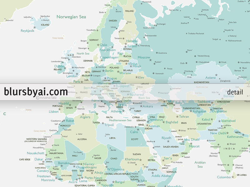 Custom quote - Printable floral and greenery world map with cities, capitals, countries, US States... labeled