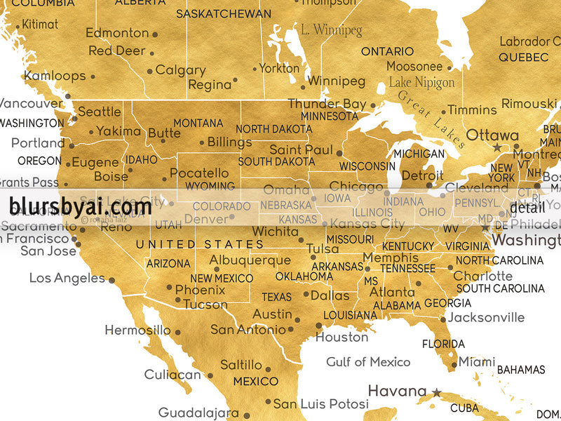 Custom print: gold world map with cities in faux gold foil effect. "Rossie"