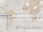Adventure Awaits, rustic, small world map push pin for marking your travels, 12x9", "Lucille"