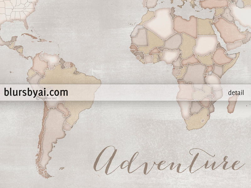 Adventure Awaits, rustic, small world map push pin for marking your travels, 12x9", "Lucille"