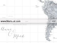 Multi panel, custom highly detailed world map print - Grayscale watercolor world map with cities. "Jimmy"