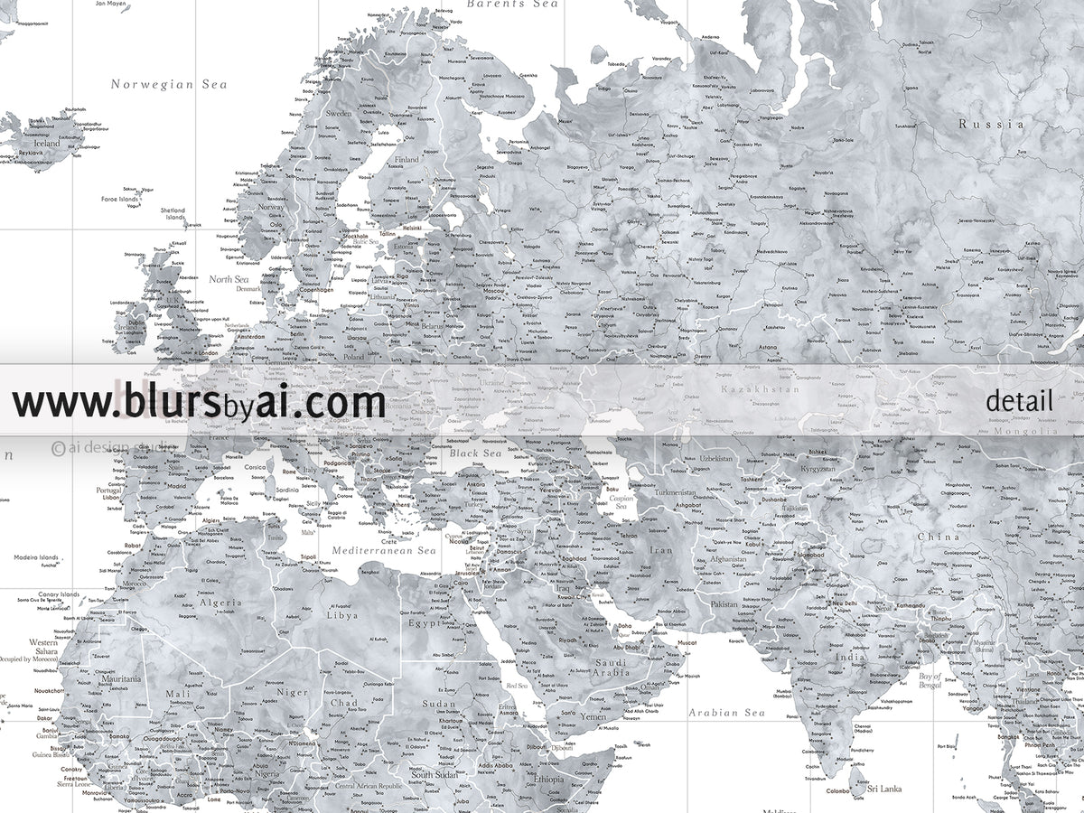 Custom world map print - highly detailed map with cities in grayscale watercolor. "Jimmy"