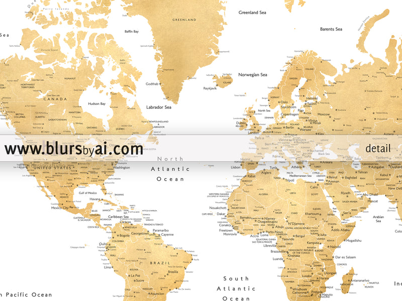 Custom world map with cities, canvas print or push pin map in faux gold foil effect. "Rossie"