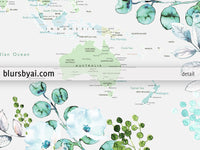 Greenery and flowers world map art print in mint and aquamarine