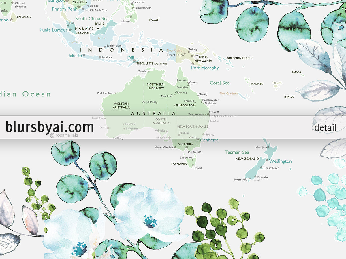 Custom print: world map with cities in green and blue, with watercolor florals and greenery