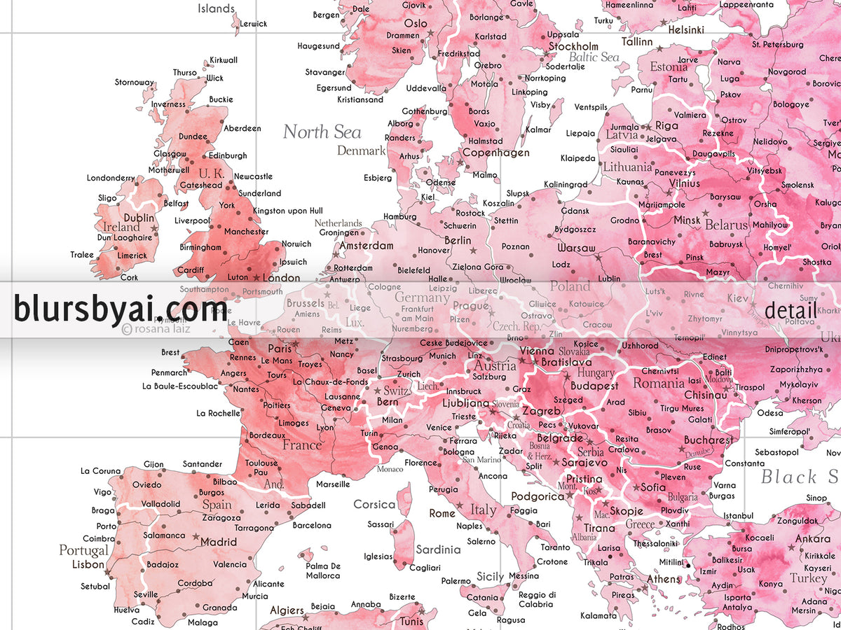 Custom world map print - highly detailed map with cities in bright colorful watercolor. "Edna"