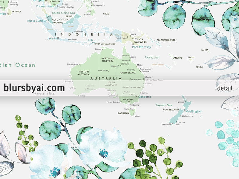Custom quote - Printable floral and greenery world map with cities, capitals, countries, US States... labeled