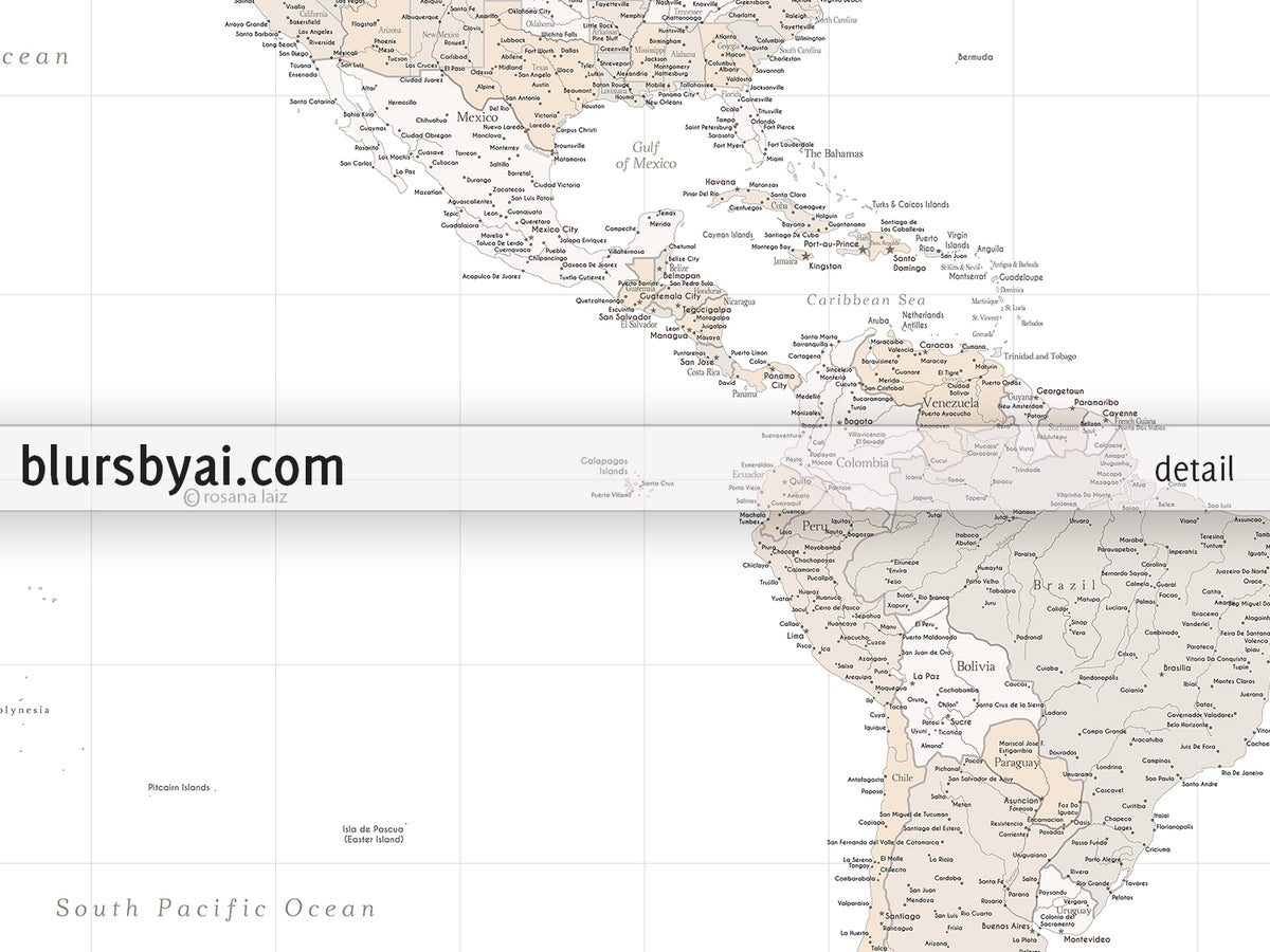 Custom world map print - highly detailed map with cities in light brown. "Belinda"