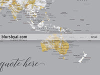 Custom print: marble world map with cities in gray and gold. "Reagan"