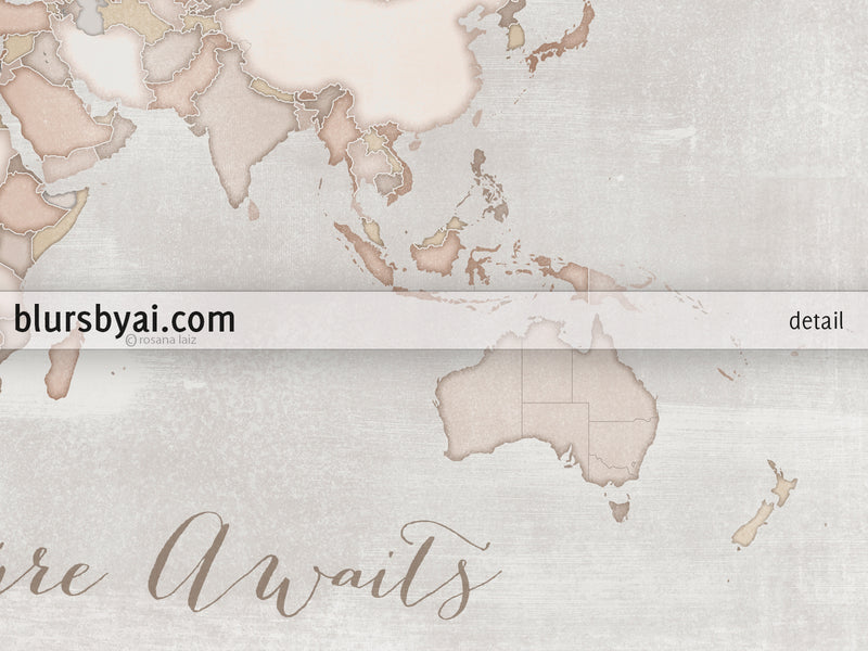 Adventure Awaits, rustic, small world map push pin for marking your travels, 12x9", "Lucille"