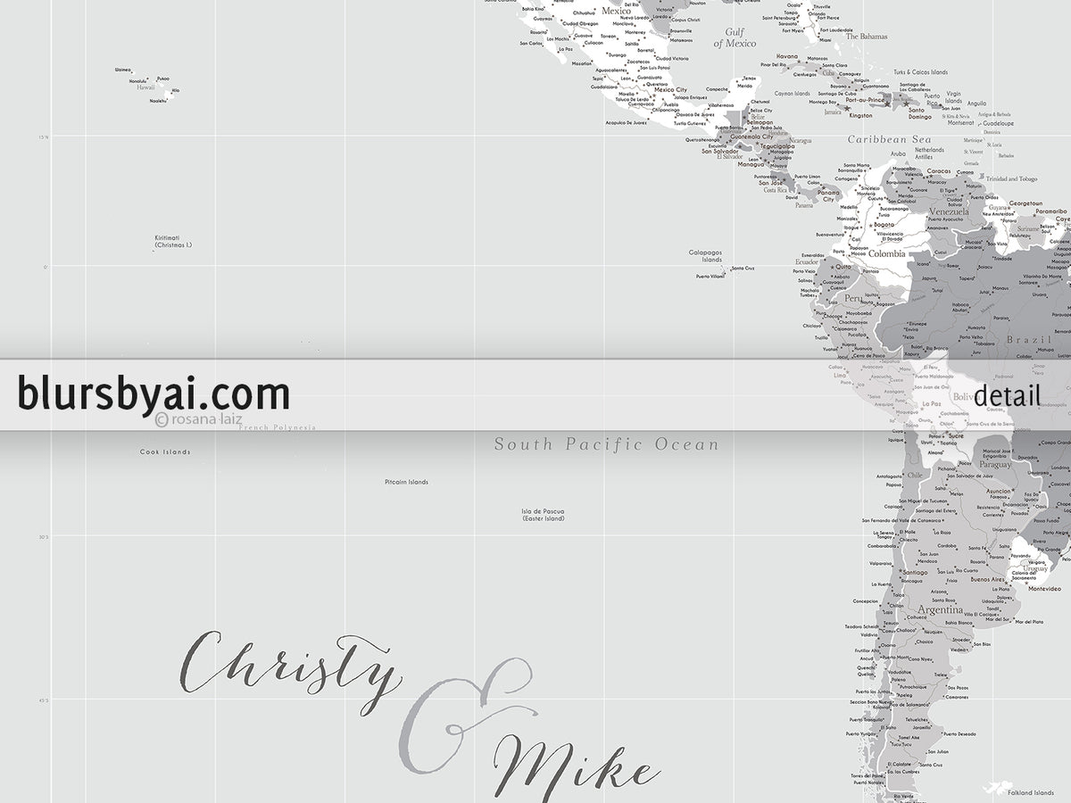 Custom world map print - highly detailed map with cities in light gray. "Cristina"