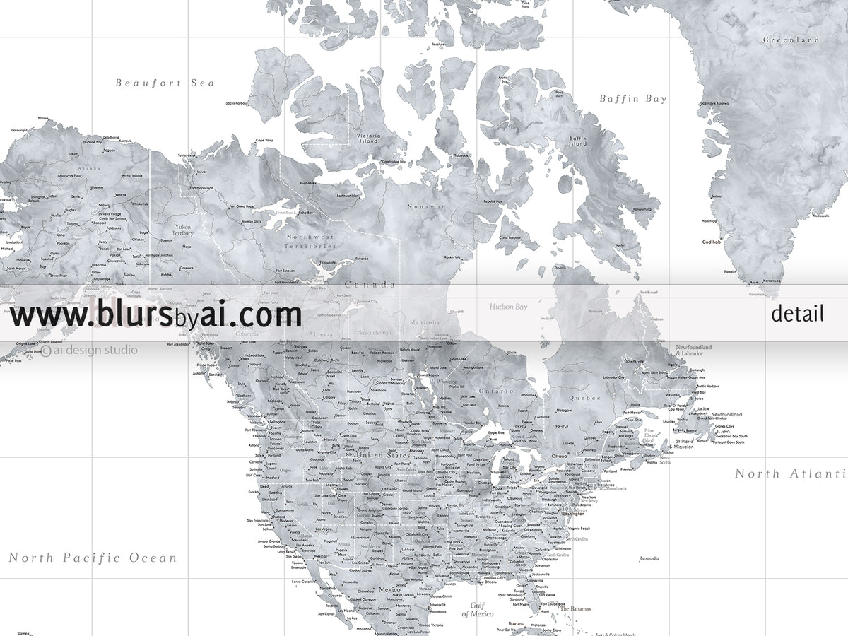 Custom world map print - highly detailed map with cities in grayscale watercolor. "Jimmy"