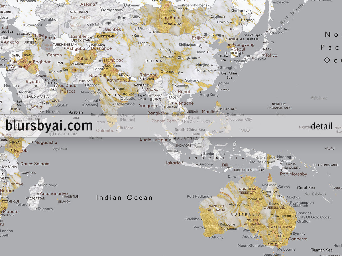 Custom print: marble world map with cities in gray and gold. "Reagan"