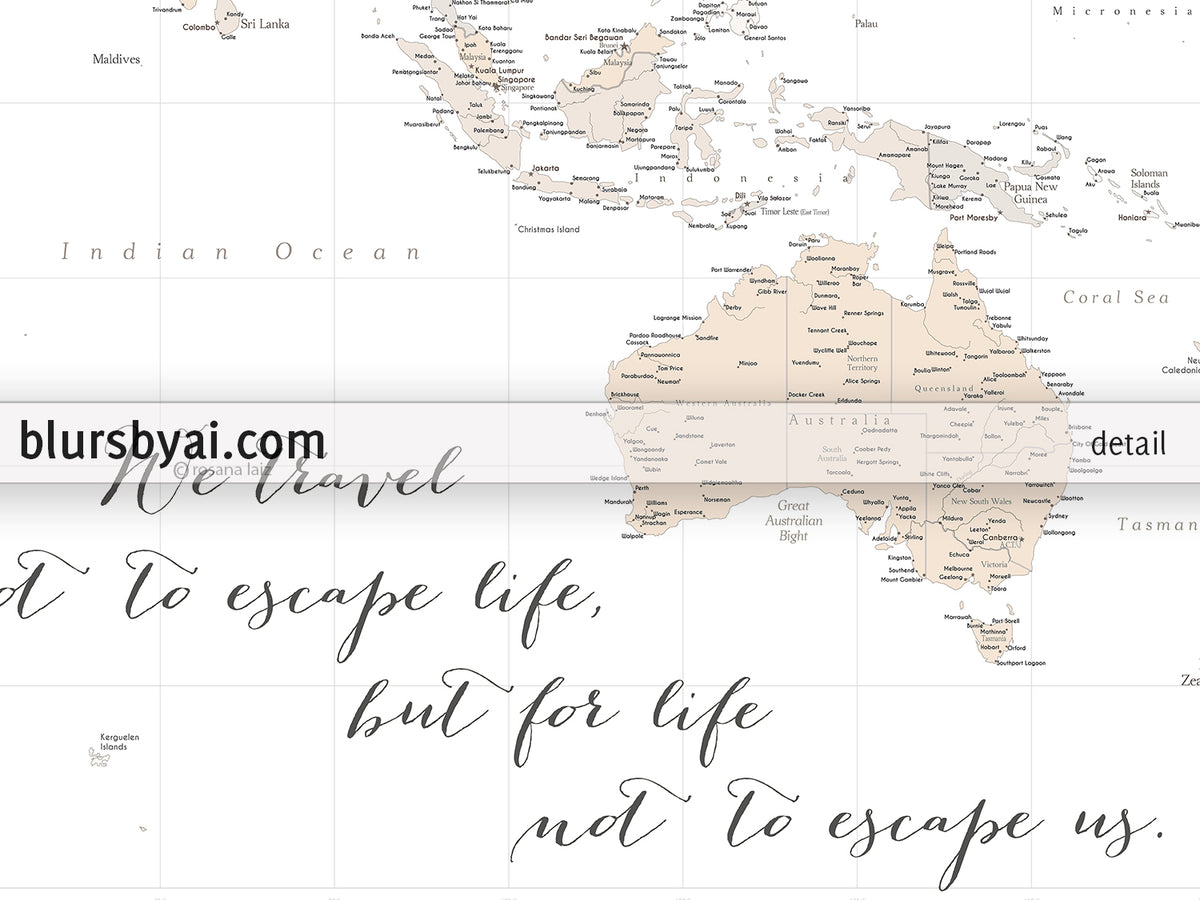 Custom world map print - highly detailed map with cities in light brown. "Belinda"