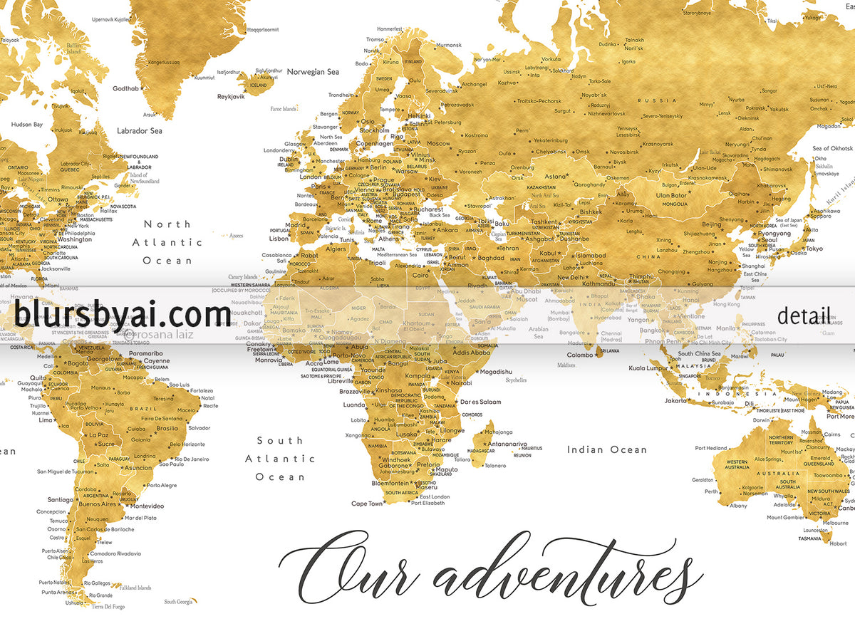 Custom print: gold world map with cities in faux gold foil effect. "Rossie"