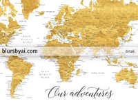 Custom print: gold world map with cities in faux gold foil effect. "Rossie"